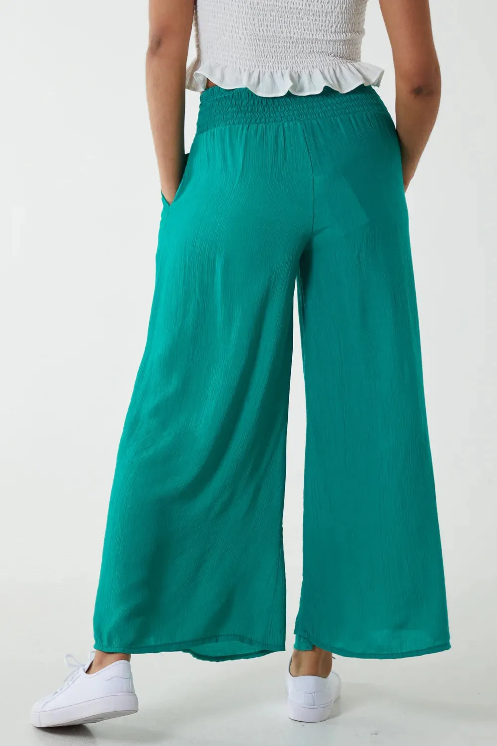 Plain Crinkle Effect Shirred Waist Wide Leg Trousers (2 Colours)