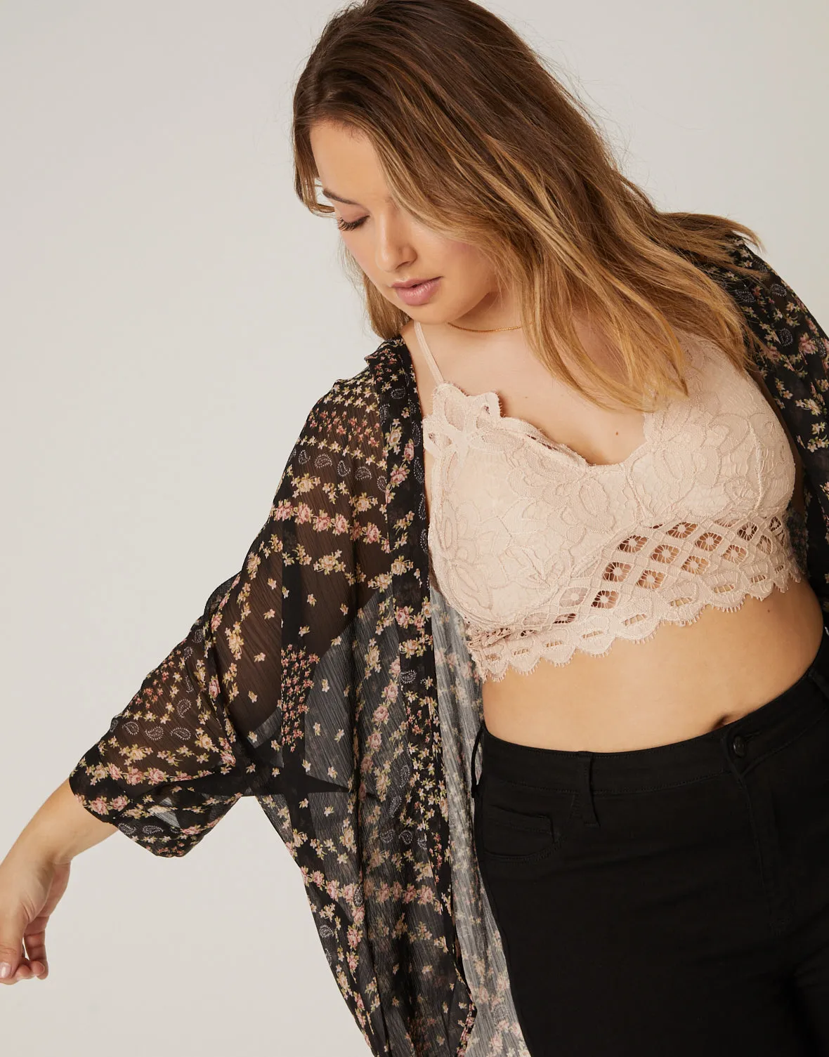 Plus Size Floral Printed Sheer Cardigan