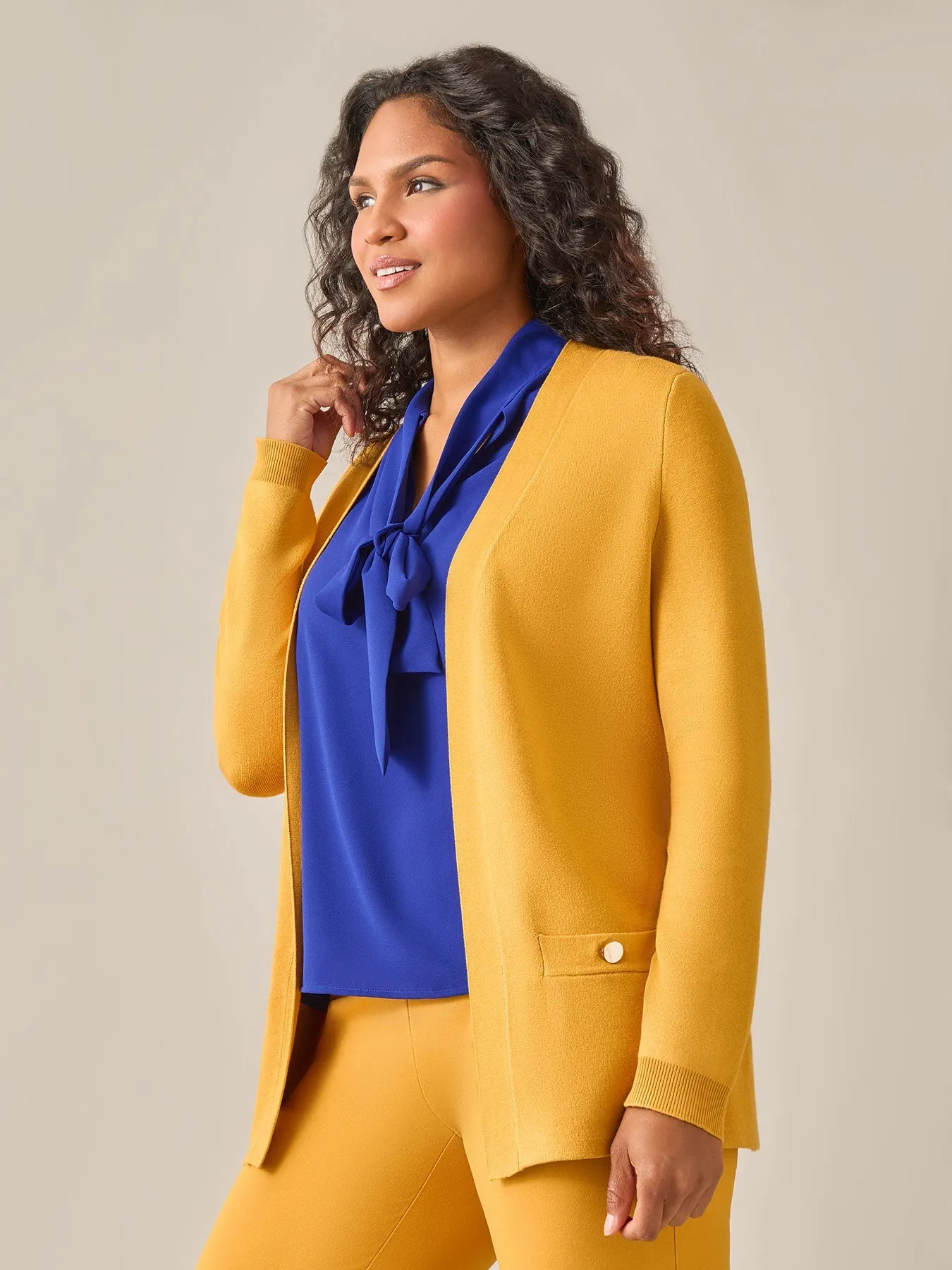 Plus Size Open Front Cardigan, Gold Signature