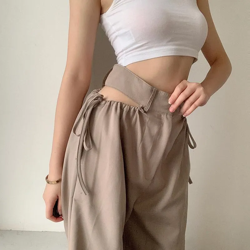 Pocket Cut Out High Waist Drawstring Khaki Pants