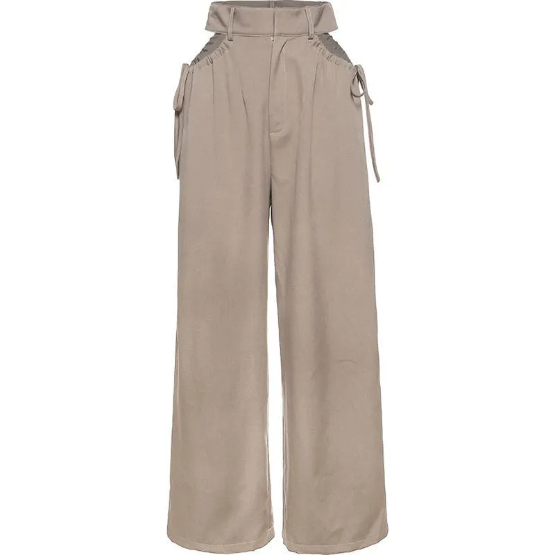 Pocket Cut Out High Waist Drawstring Khaki Pants