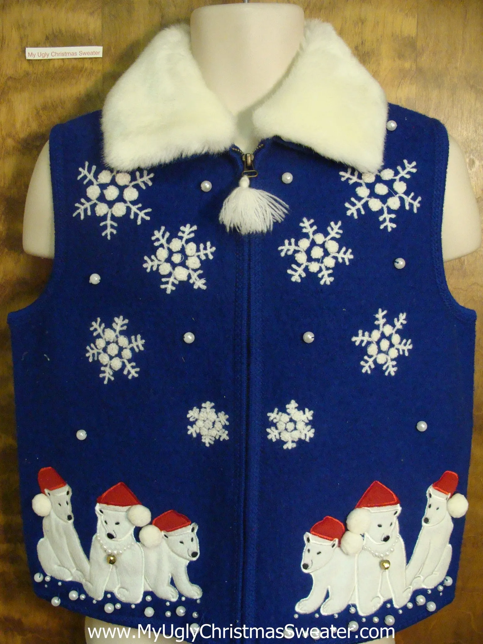 Polar Bear with Fuzzy Collar Funny Ugly Sweater Vest for a Christmas Party