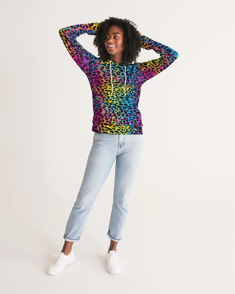 Rainbow Leopard Women Pullover Hoodie, Animal Print Aesthetic Graphic Hooded Long Sleeve Sweatshirt with Pockets