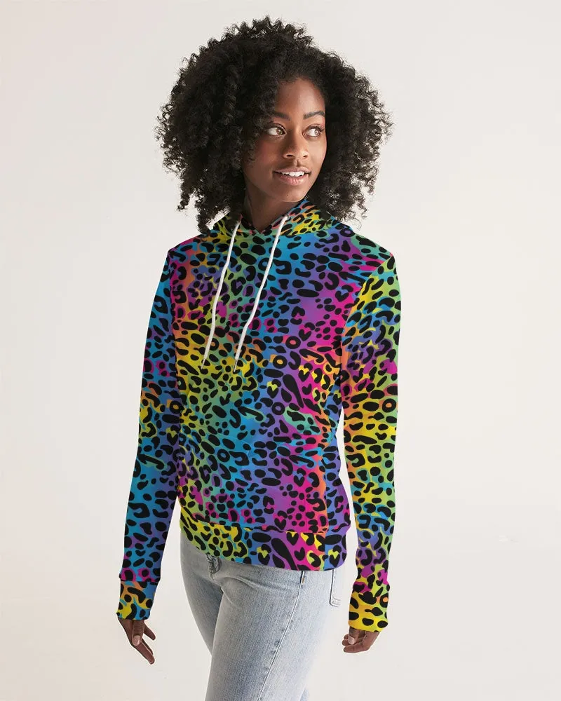 Rainbow Leopard Women Pullover Hoodie, Animal Print Aesthetic Graphic Hooded Long Sleeve Sweatshirt with Pockets