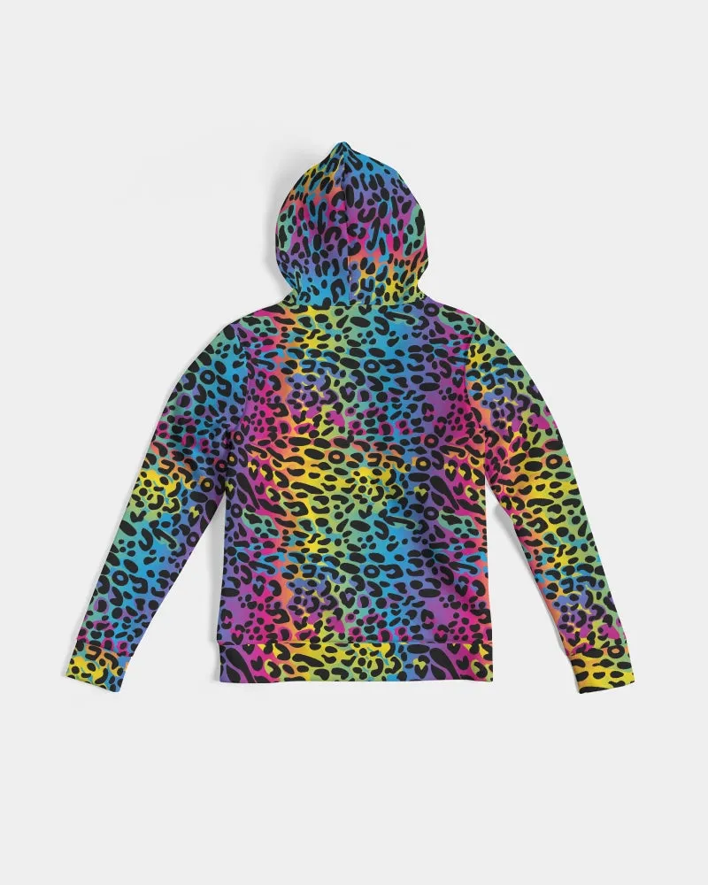 Rainbow Leopard Women Pullover Hoodie, Animal Print Aesthetic Graphic Hooded Long Sleeve Sweatshirt with Pockets