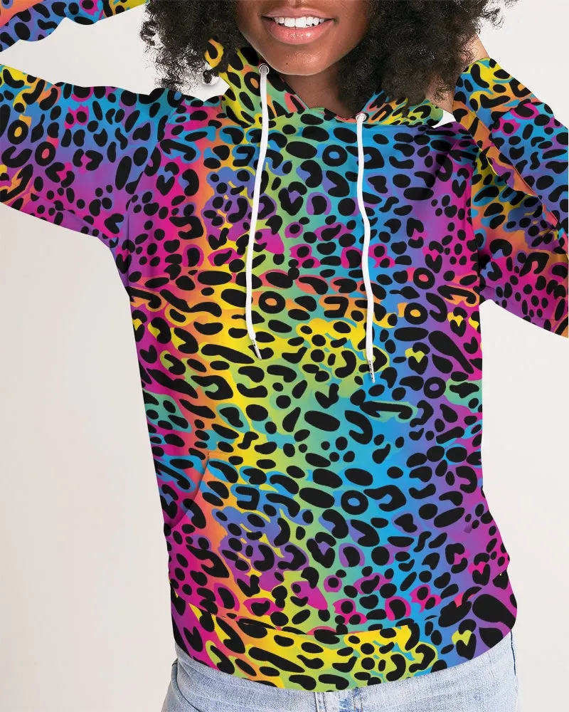 Rainbow Leopard Women Pullover Hoodie, Animal Print Aesthetic Graphic Hooded Long Sleeve Sweatshirt with Pockets