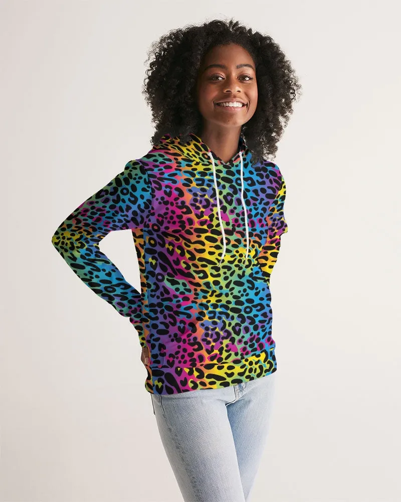 Rainbow Leopard Women Pullover Hoodie, Animal Print Aesthetic Graphic Hooded Long Sleeve Sweatshirt with Pockets