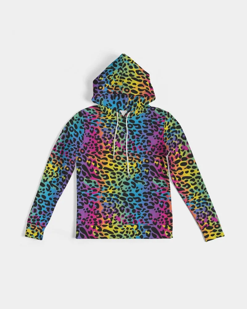 Rainbow Leopard Women Pullover Hoodie, Animal Print Aesthetic Graphic Hooded Long Sleeve Sweatshirt with Pockets