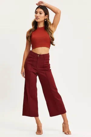 Red Cropped Pants Wide Leg High Waist