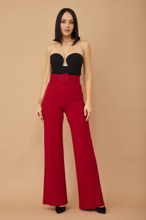 Red High Waist Pants With Buckle Belt