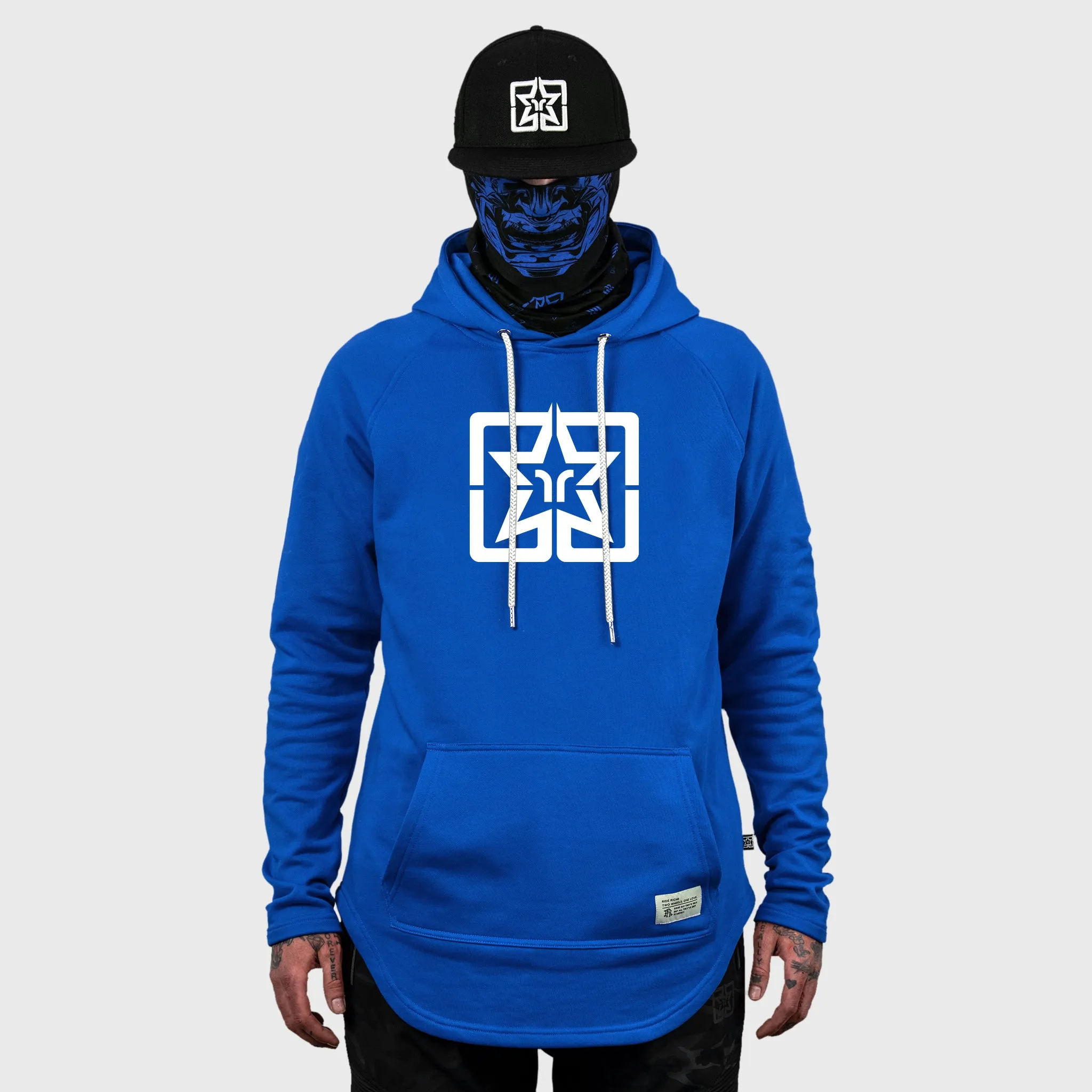 Ride Rich Emblem Scoop Pullover Hoodie {White on Blue}