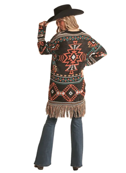 Rock & Roll Cowgirl Women's Black Aztec Fringe Cardigan BW95T02739