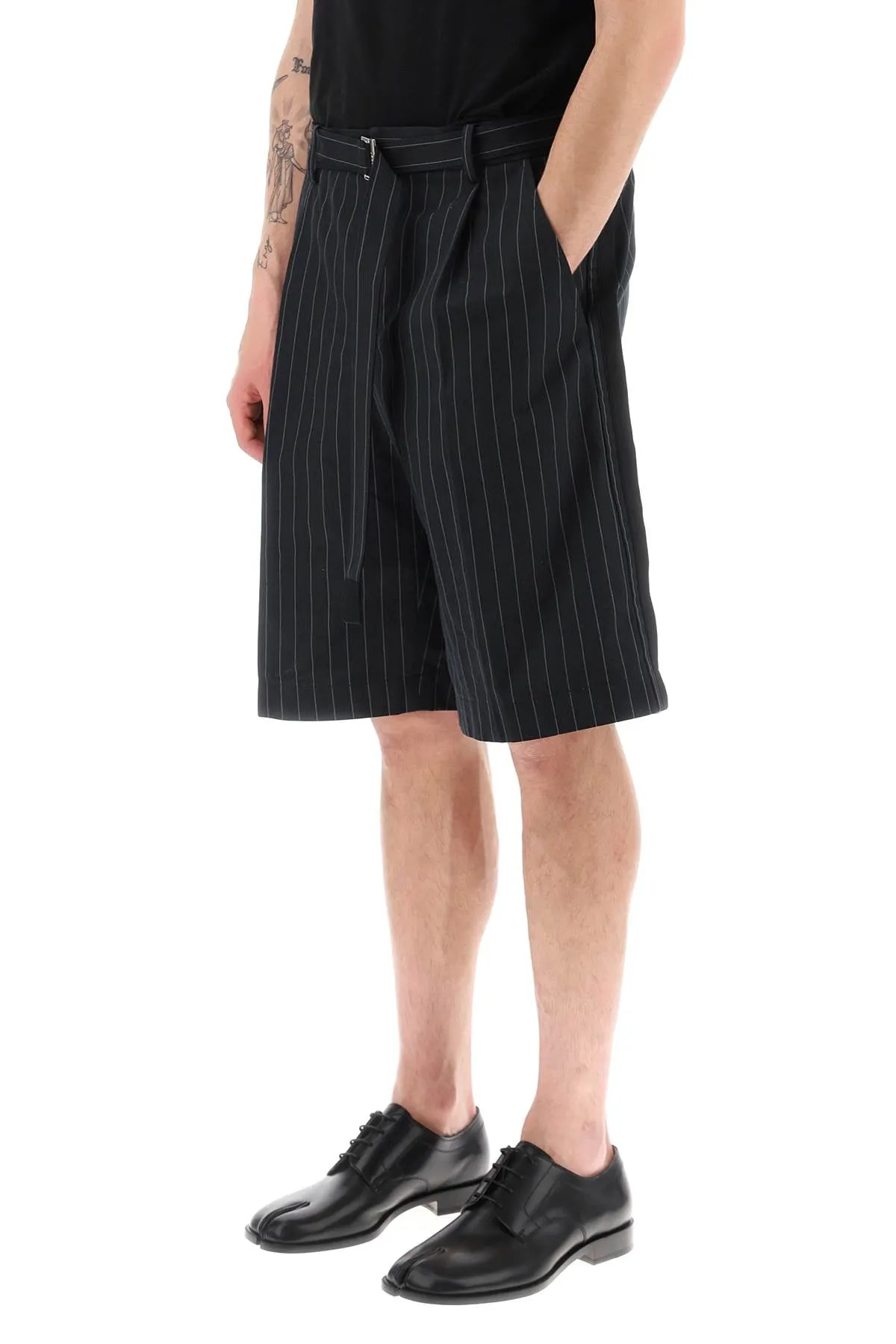 Sacai belted pinstripe shorts