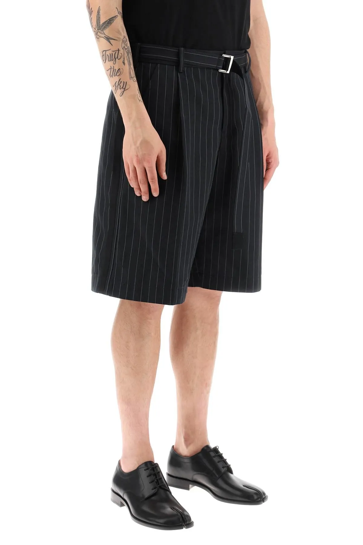 Sacai belted pinstripe shorts