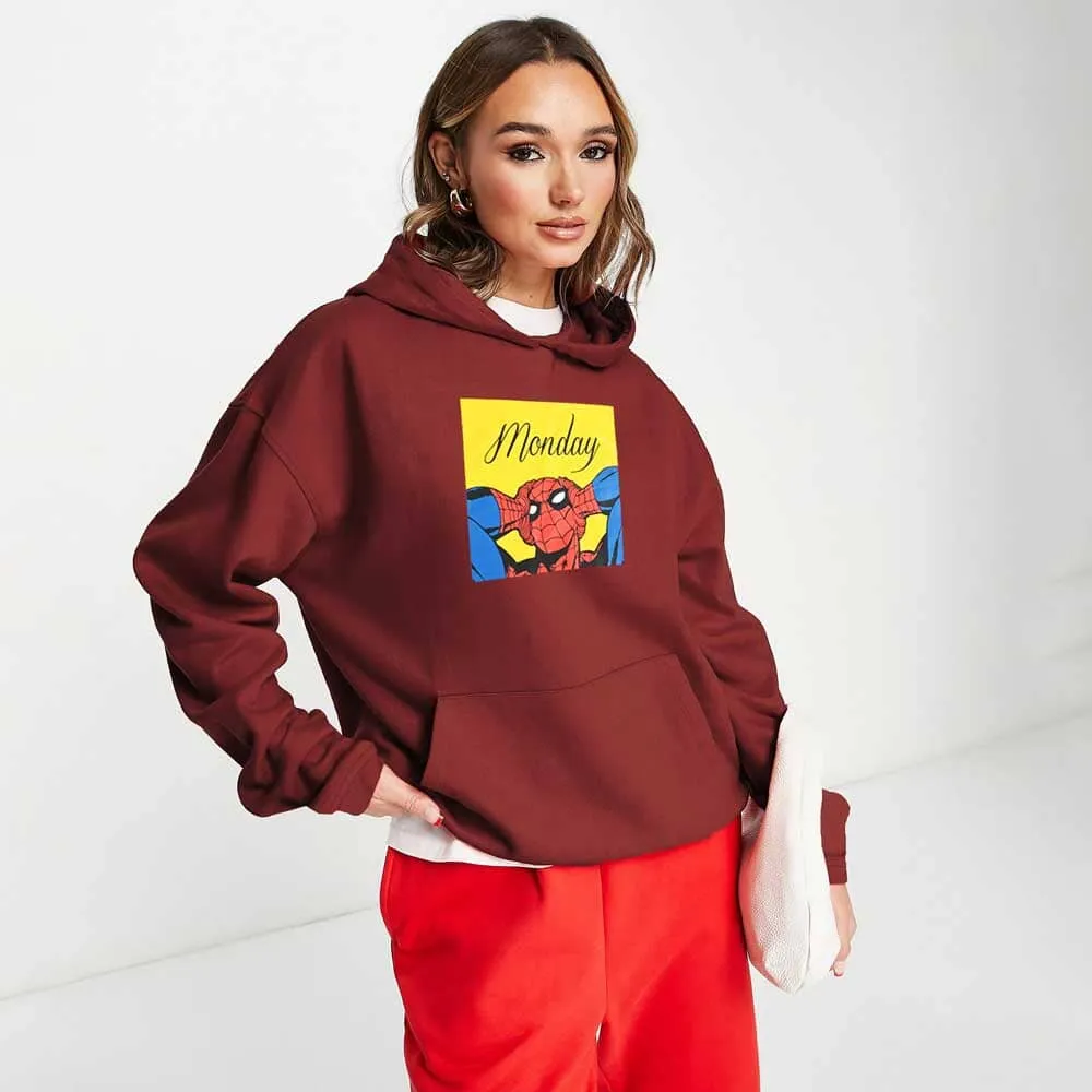 Safina Women's Monday Spider-Man Printed Oversized Fleece Pullover Hoodie