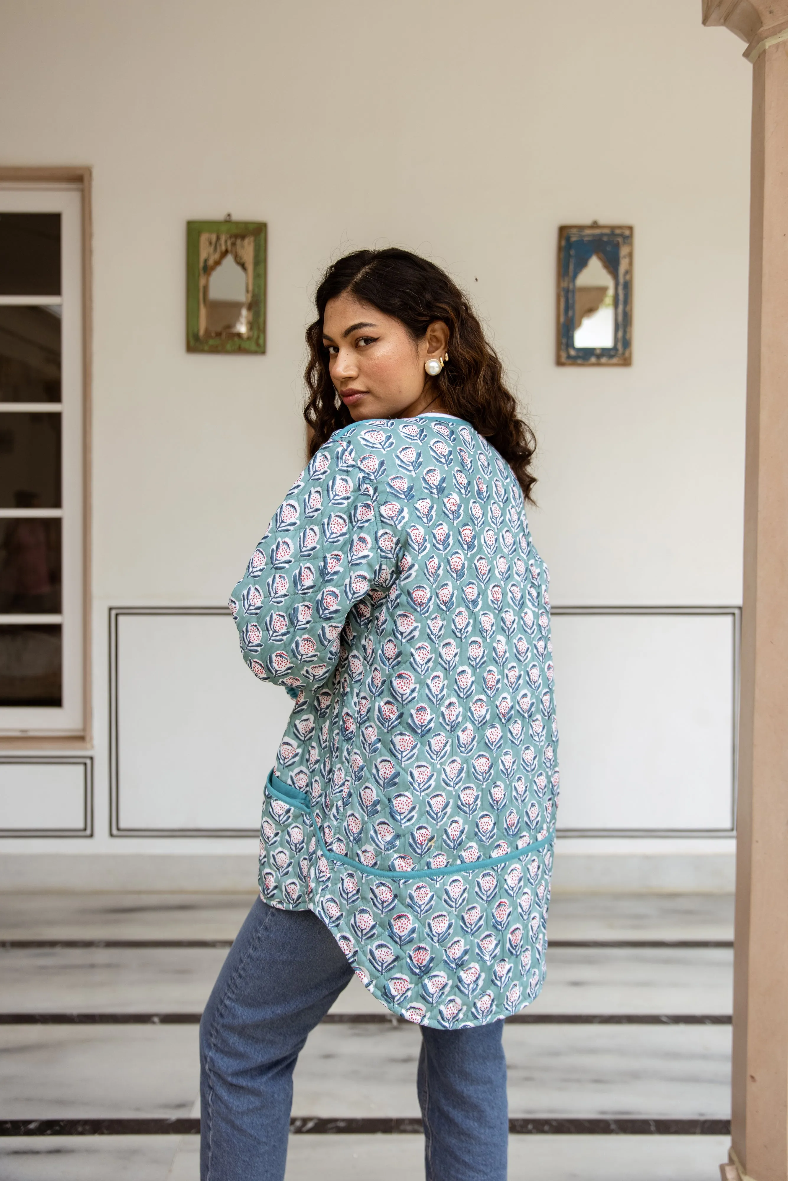 SALE Block Print Quilted Jacket - Blue