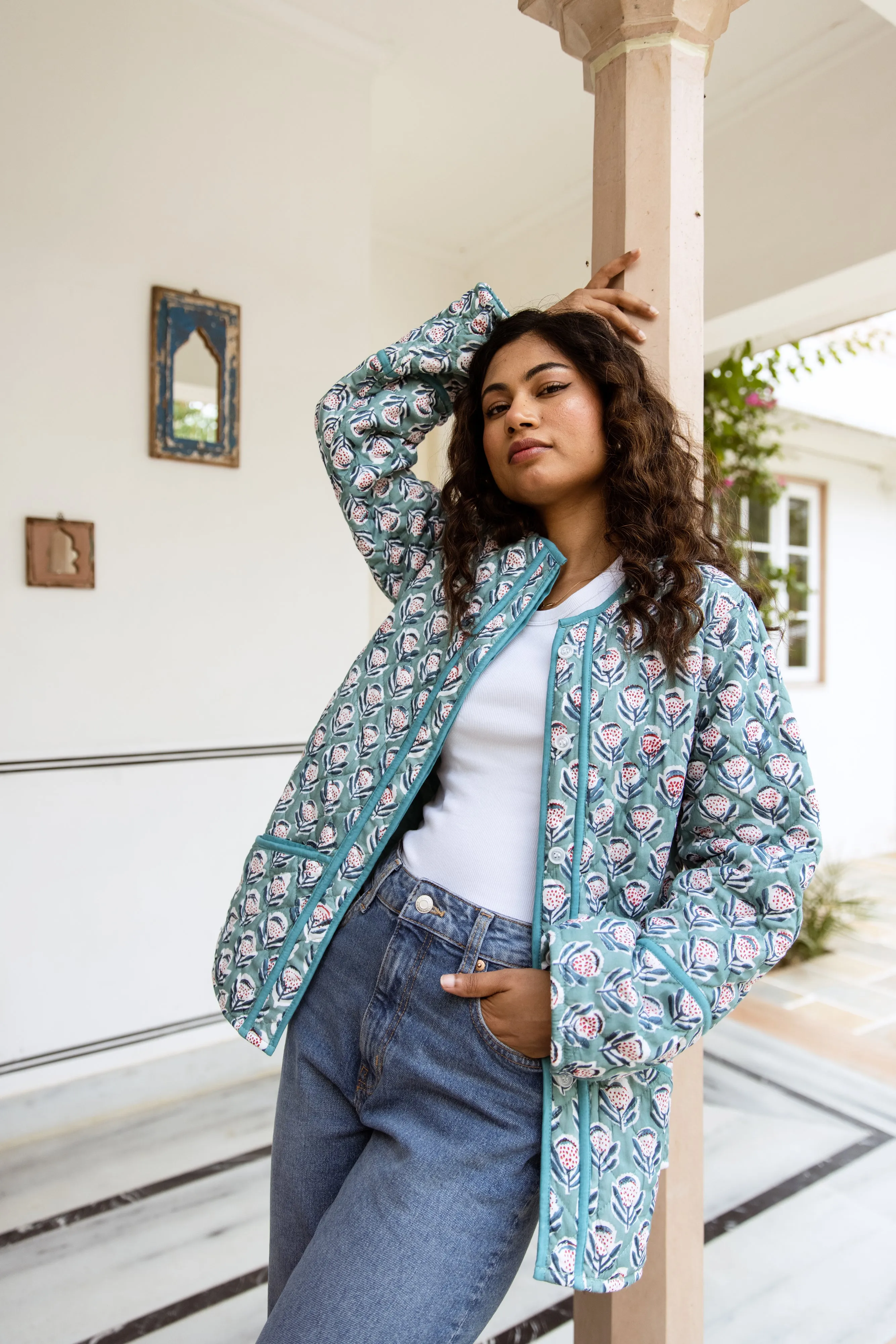 SALE Block Print Quilted Jacket - Blue