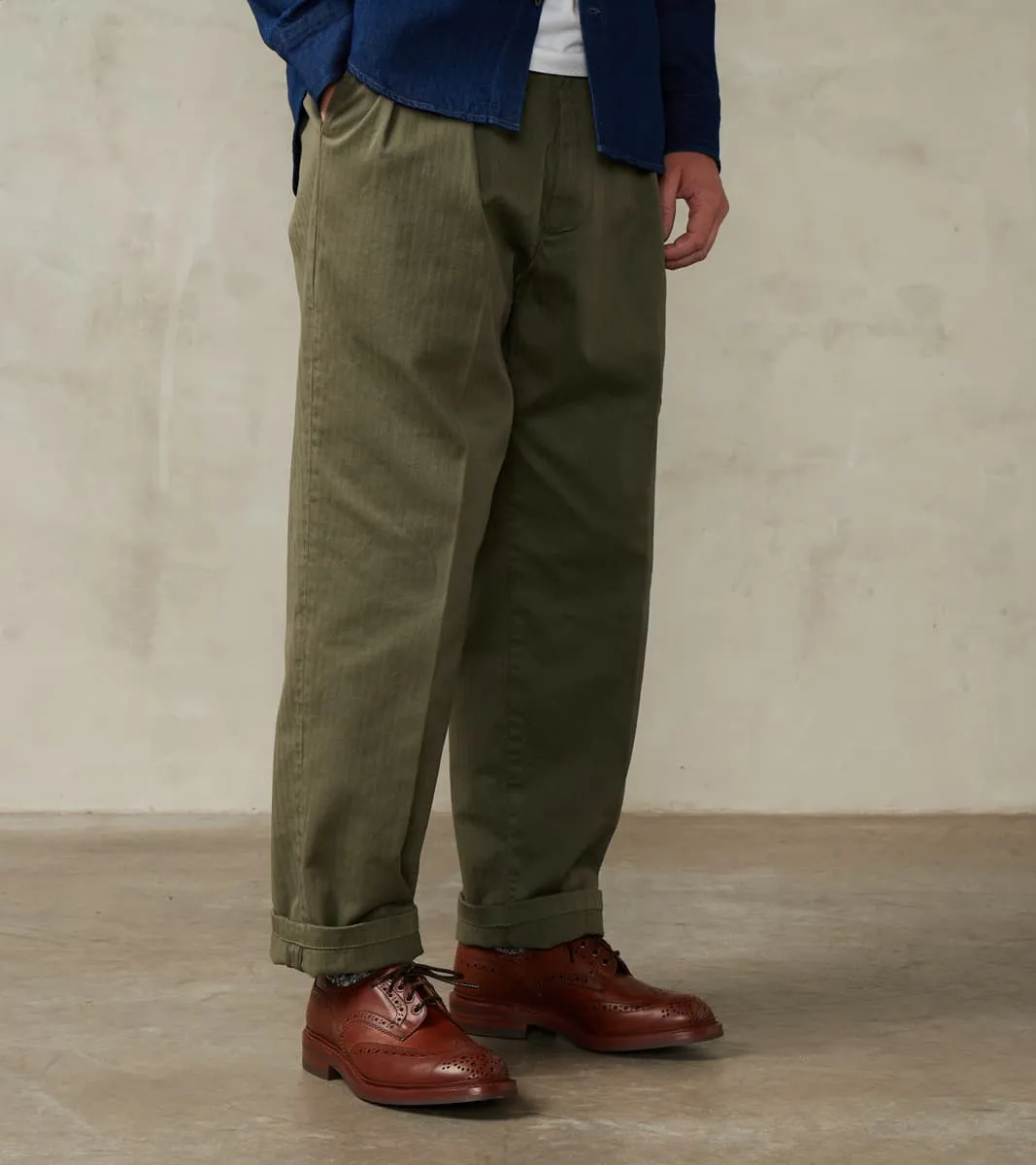 Seattle Pleated Trouser - Green Herringbone Twill