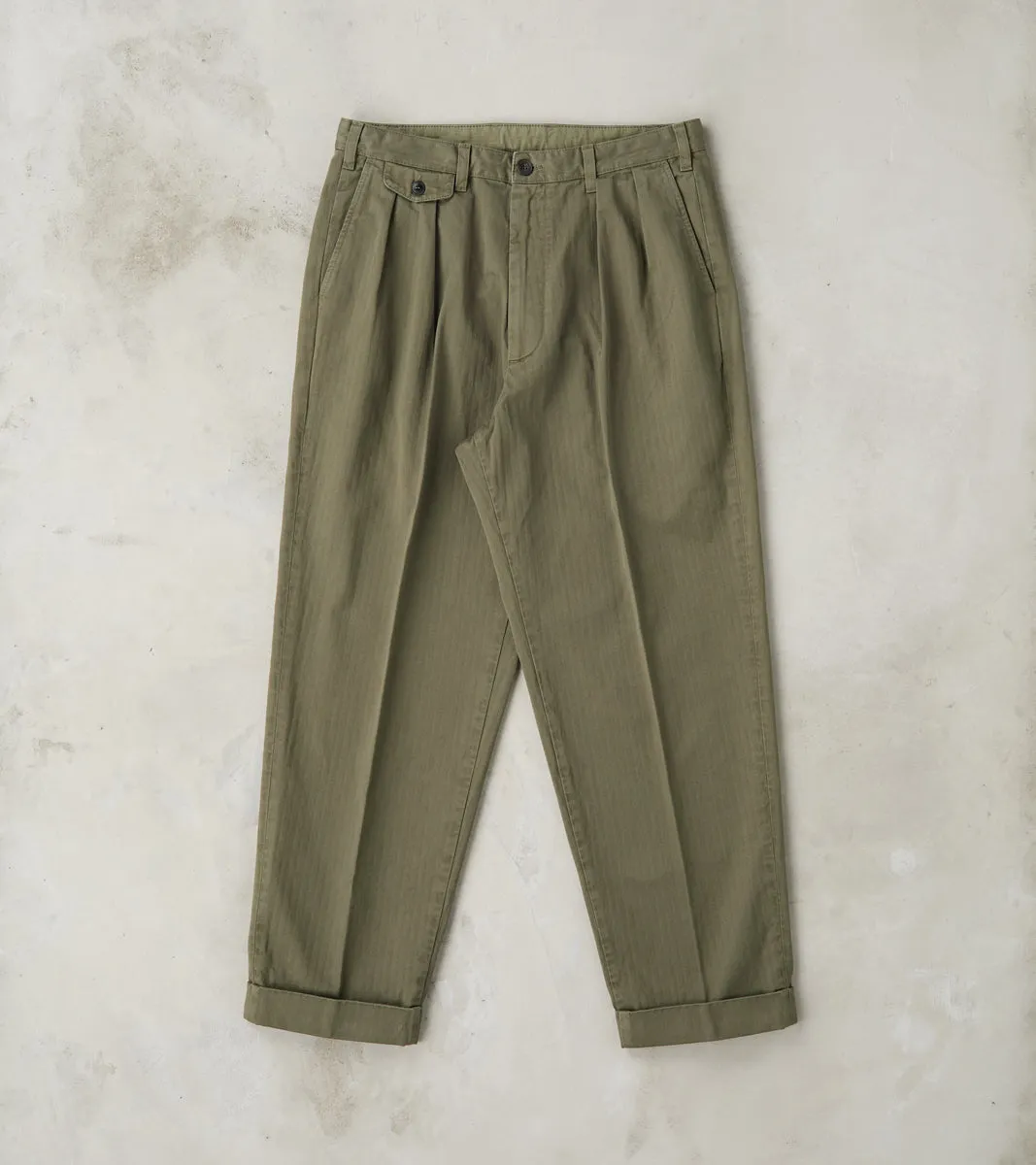 Seattle Pleated Trouser - Green Herringbone Twill