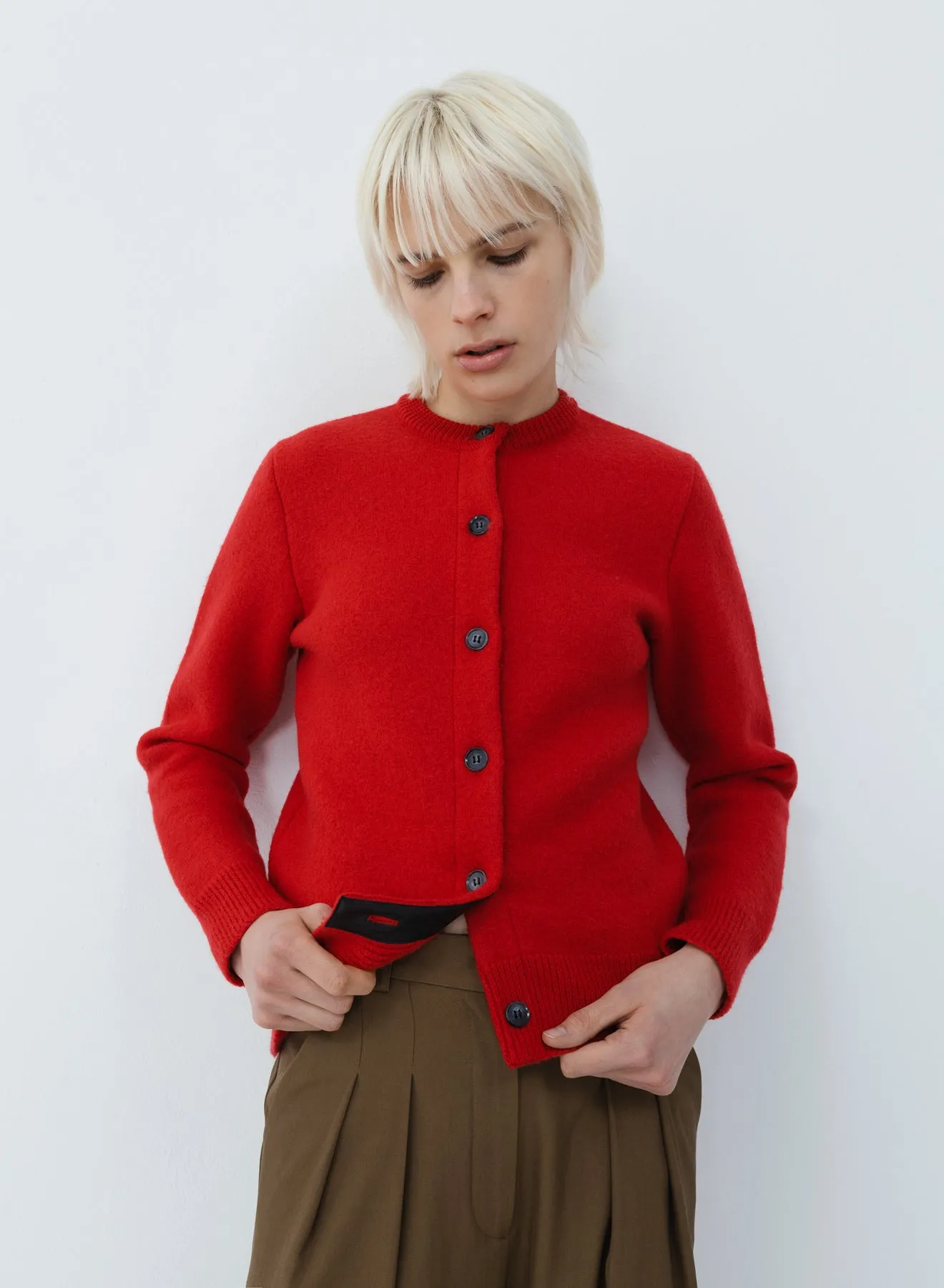 Slim cardigan boiled wool | red