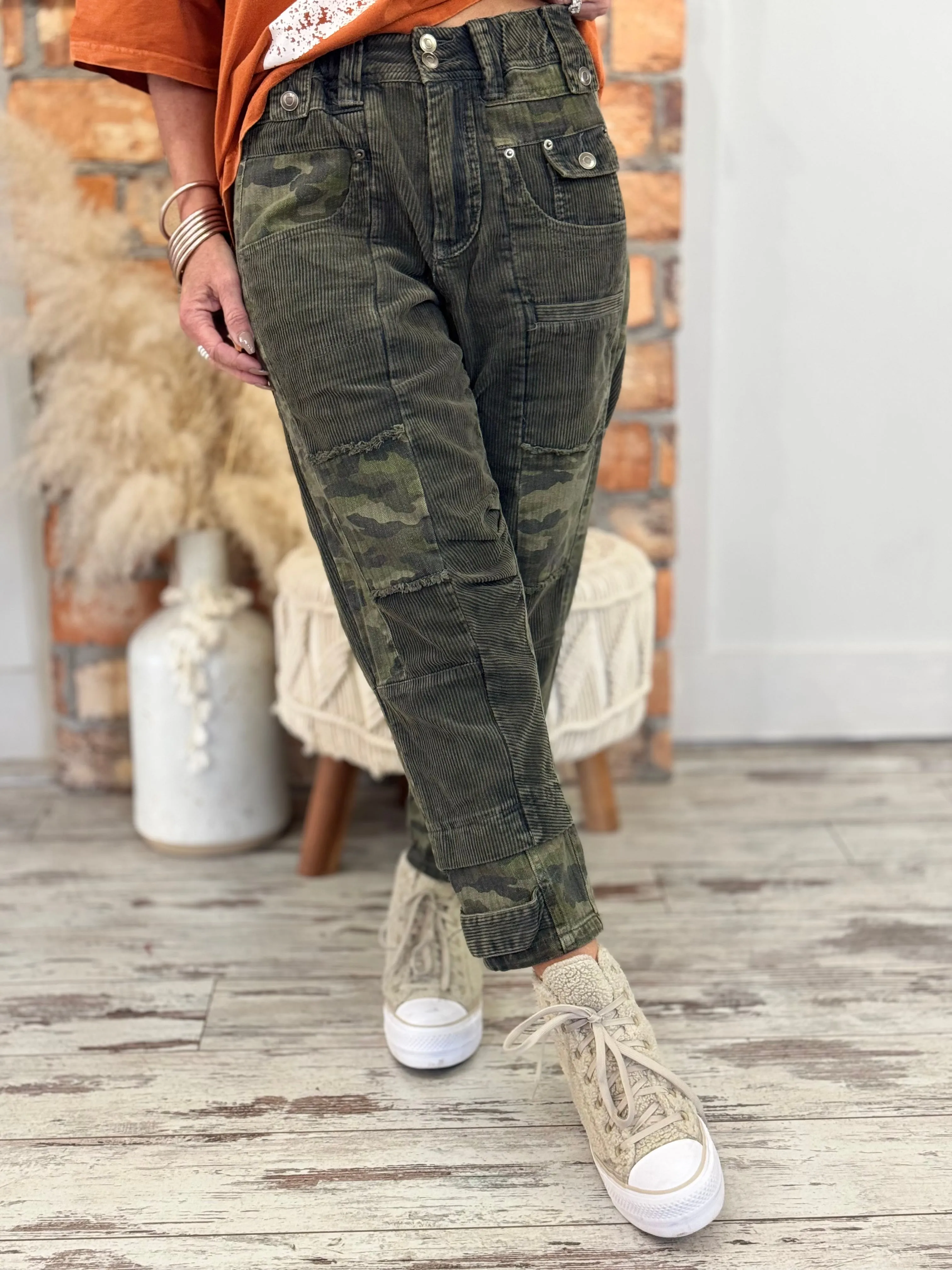 Slouchy Corduroy Camo Colorblock Pants