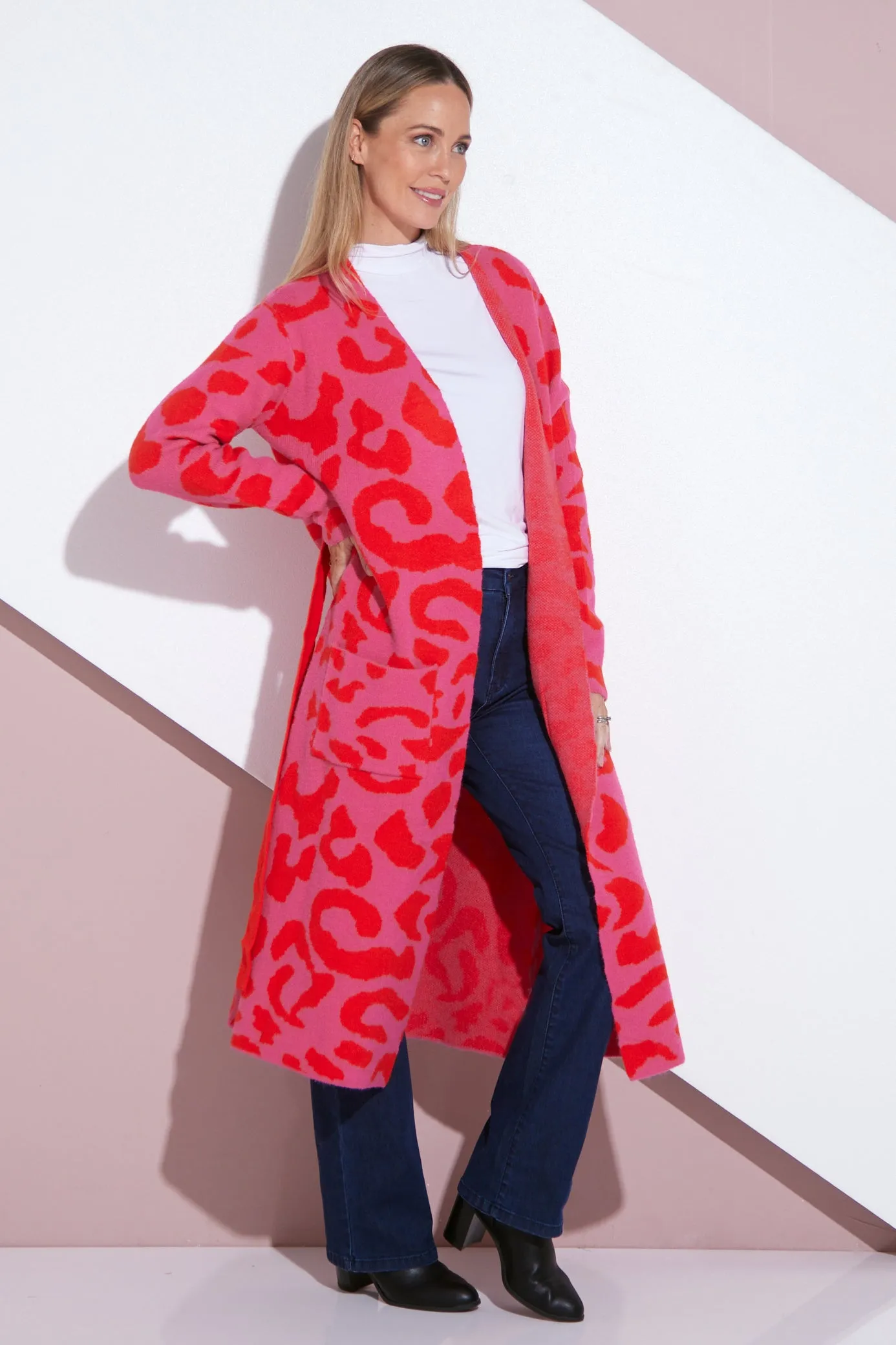 Swift Wraparound Oversized Tie Waist Cardigan - Pink/Red Cheetah Print