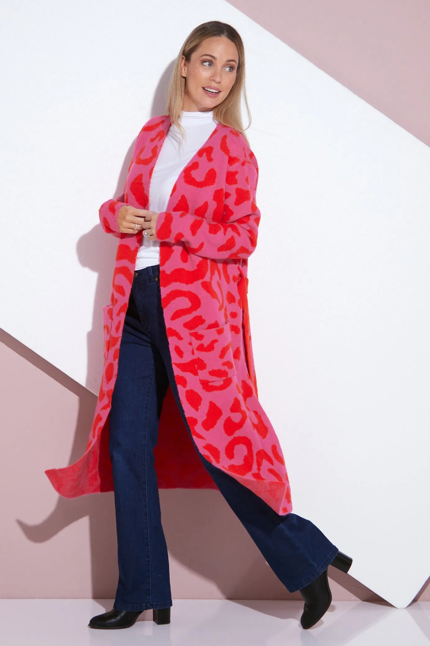 Swift Wraparound Oversized Tie Waist Cardigan - Pink/Red Cheetah Print