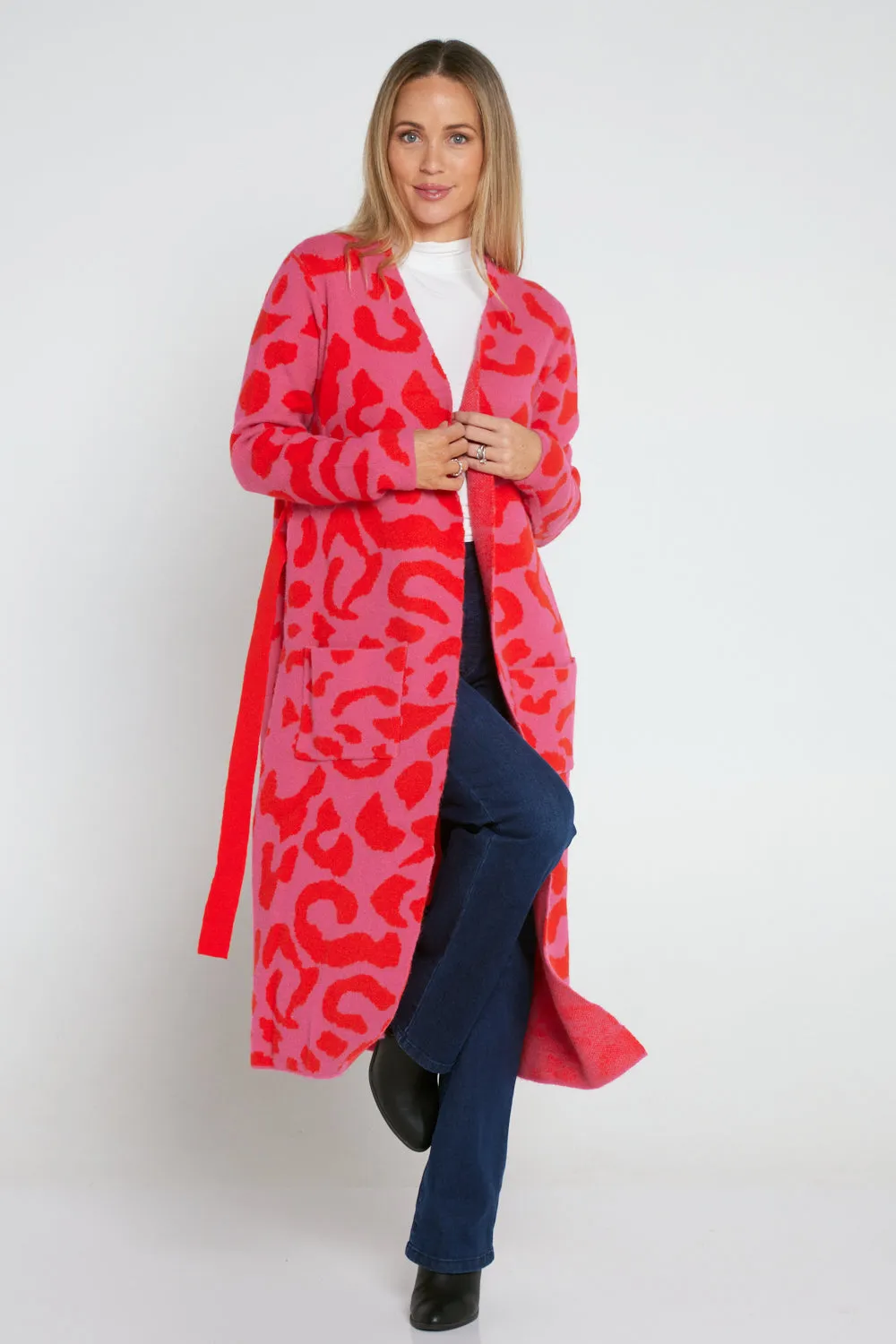 Swift Wraparound Oversized Tie Waist Cardigan - Pink/Red Cheetah Print