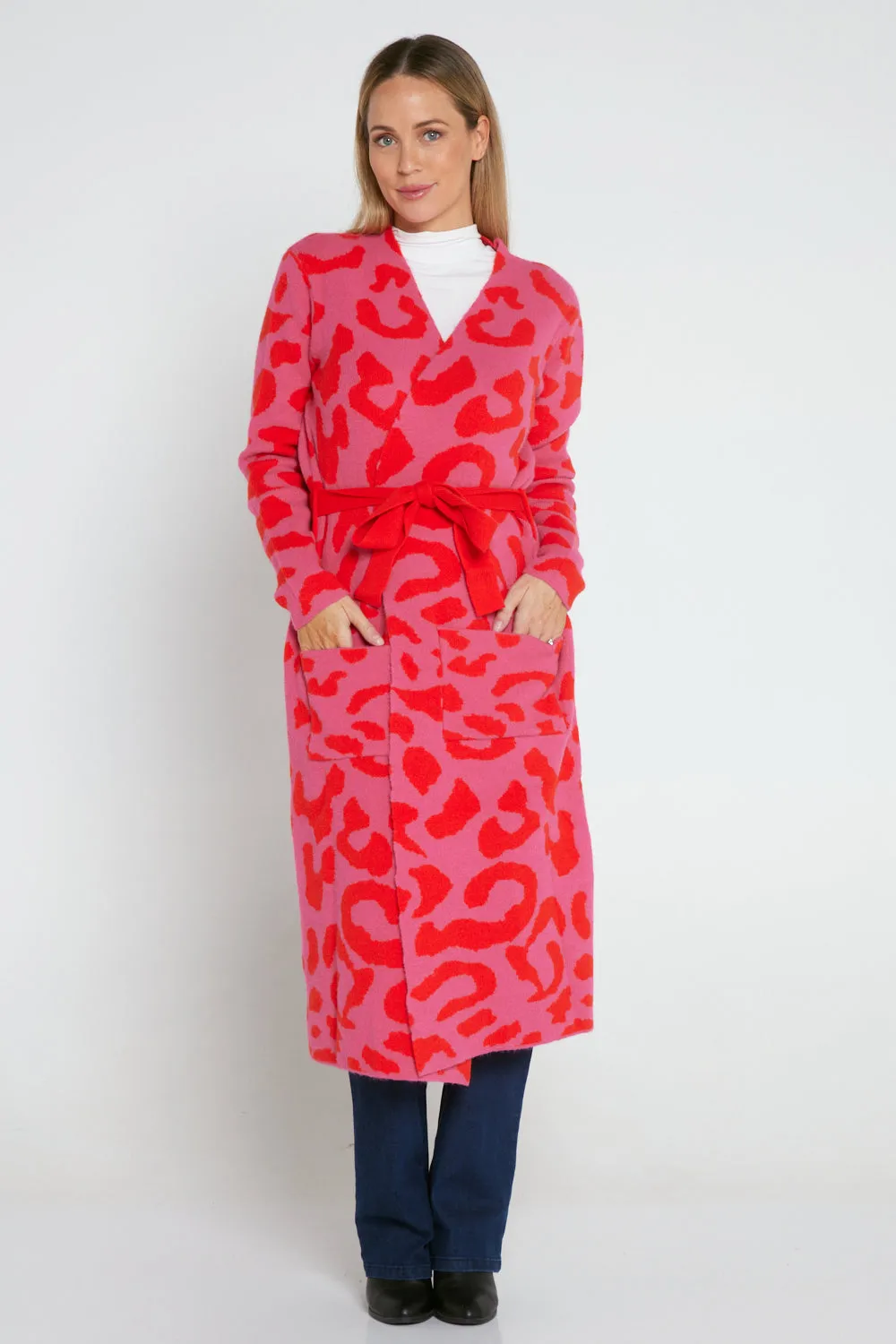 Swift Wraparound Oversized Tie Waist Cardigan - Pink/Red Cheetah Print