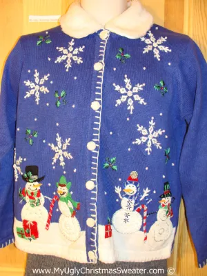 Tacky Christmas Sweater Party Ugly Sweater Snowman Family and Furry Collar (f845)