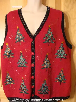 Tacky Holiday Sweater Vest with Festive Shiny Satiny Trees  (f1072)