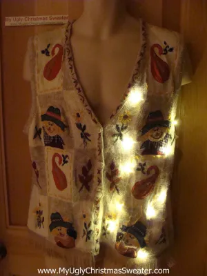 Tacky Ugly Christmas Sweater Vest with Lights and Fringe. Fall Theme: Scarecrows and Squash.  (g34)