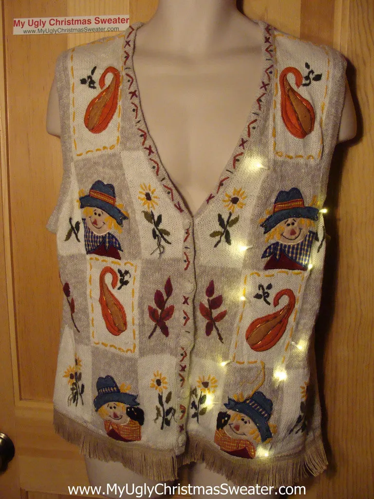 Tacky Ugly Christmas Sweater Vest with Lights and Fringe. Fall Theme: Scarecrows and Squash.  (g34)