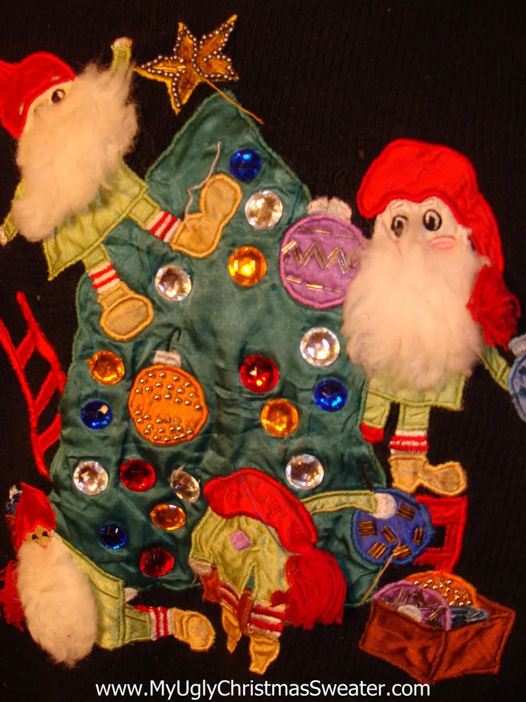 Tacky Ugly Christmas Sweater with 3D Bearded Santas / Elves Decorating a Bling Tree (f102)