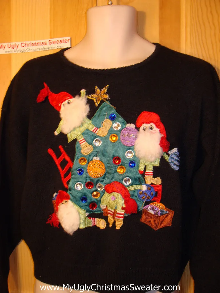 Tacky Ugly Christmas Sweater with 3D Bearded Santas / Elves Decorating a Bling Tree (f102)