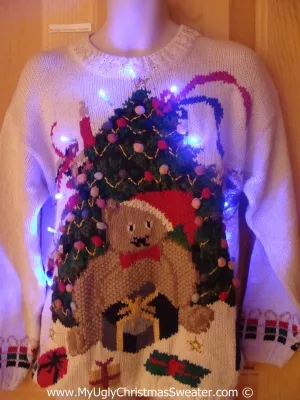 Tacky Xmas Sweater with Lights Huge Bear and Tree (g189)