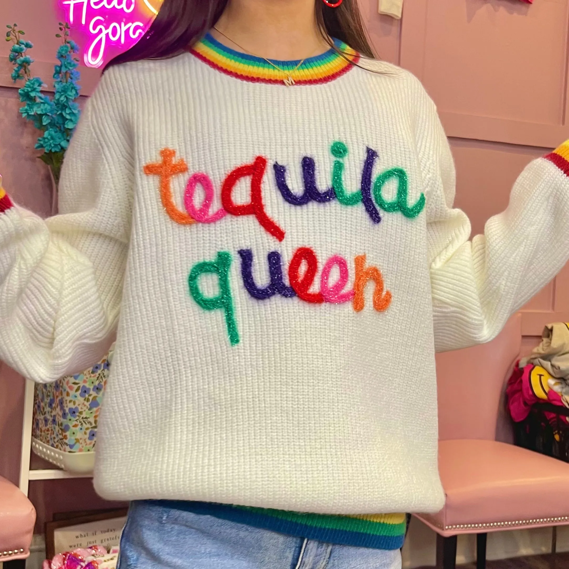 Tequila Queen Rainbow Trim Sweater