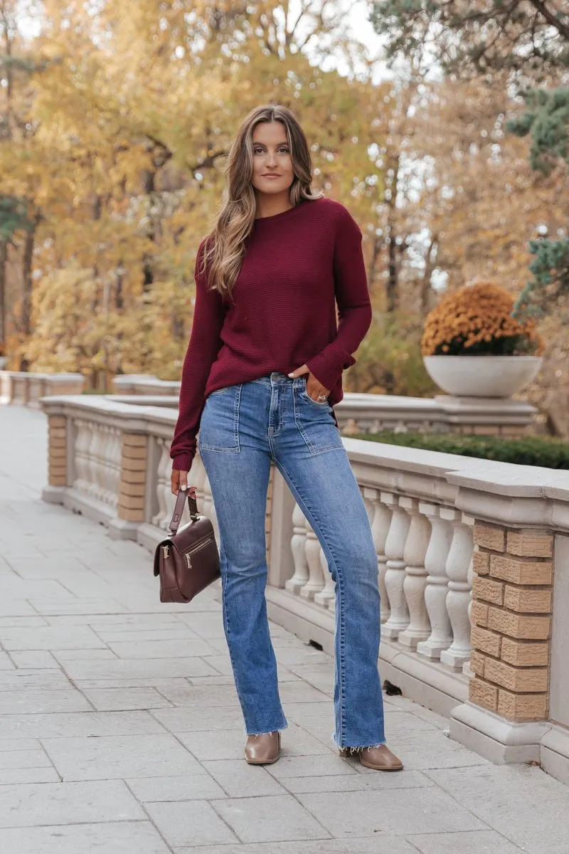 The Mini Waffle Texture Ribbed Knit Sweater - Wine