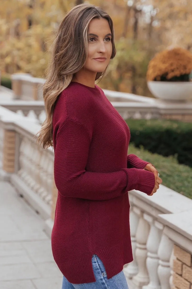 The Mini Waffle Texture Ribbed Knit Sweater - Wine