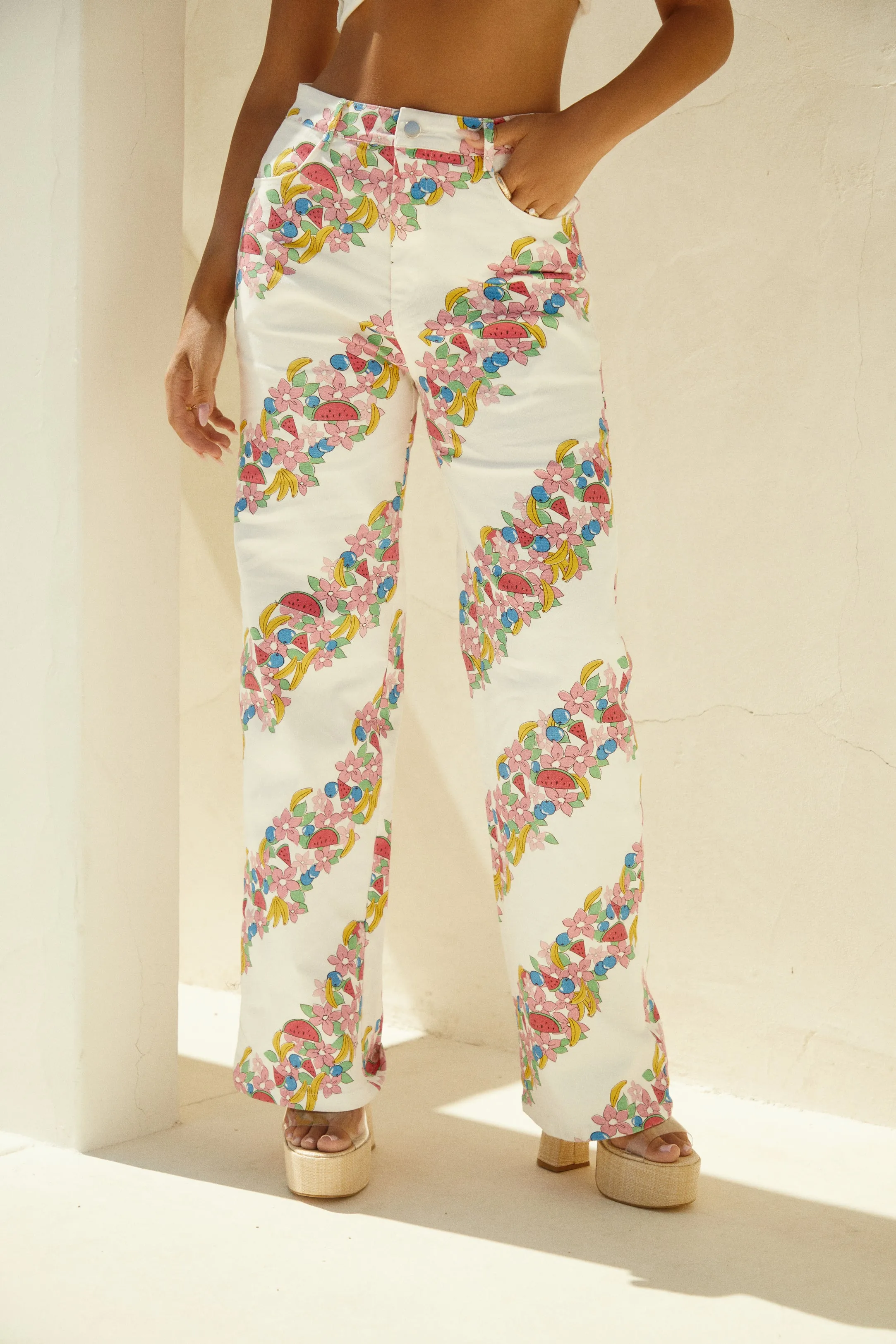 Tropicana Denim High Waist Pant - White Print