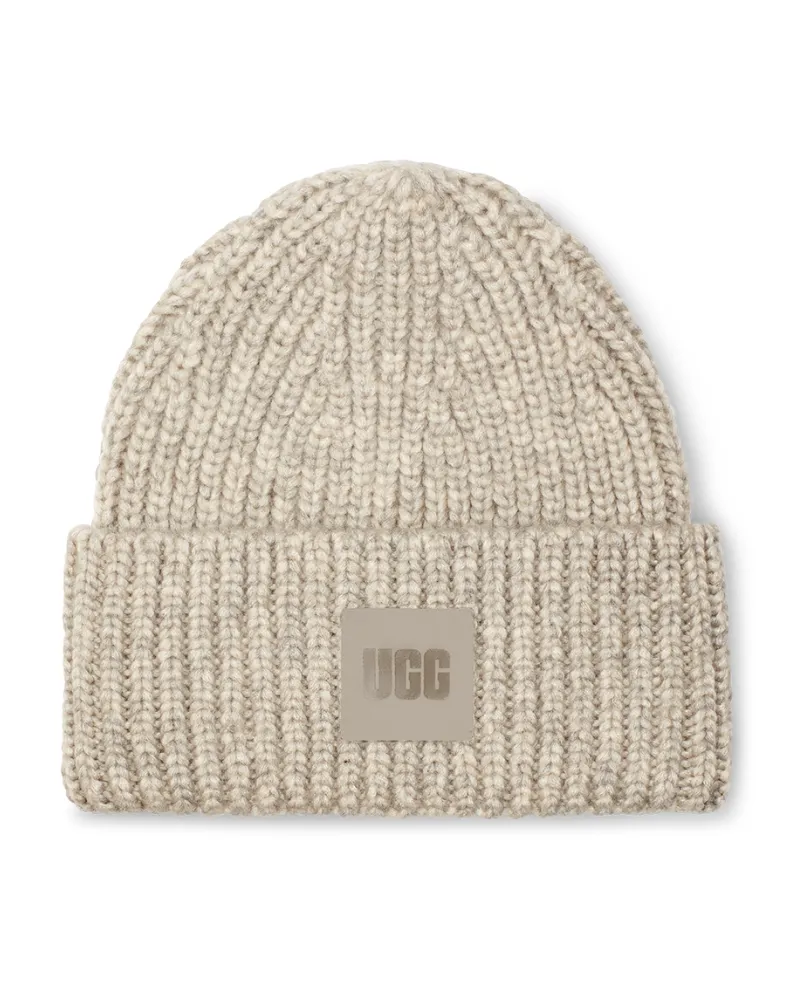 UGG Light Grey Chunky Rib Knit Beanie with Logo