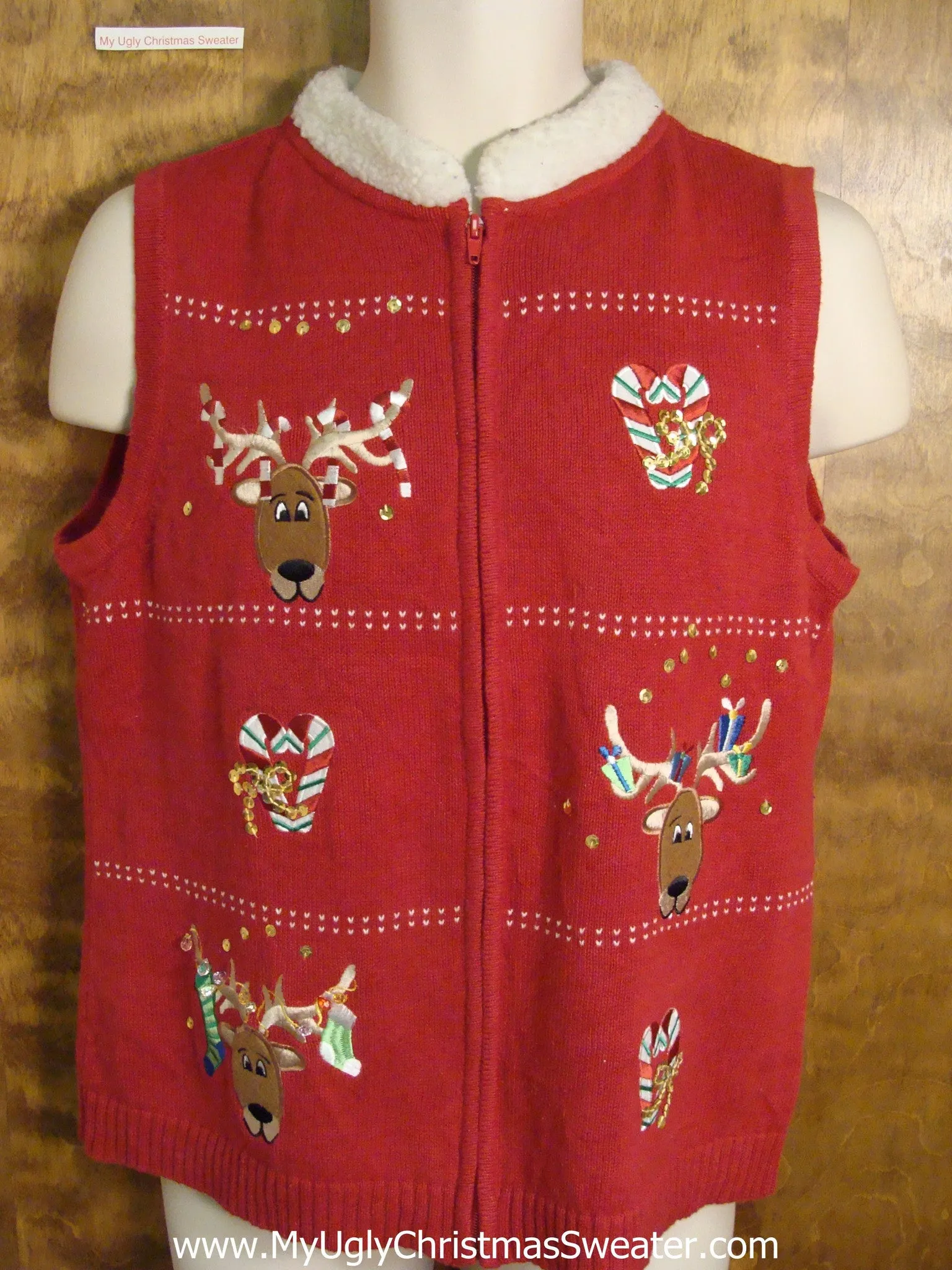 Ugly Christmas Jumper Vest with Reindeer and Furry Collar