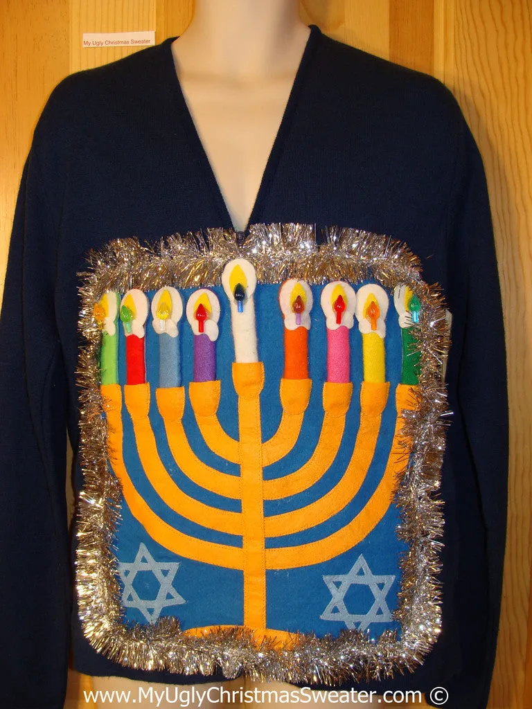 Ugly Christmas Sweater Party Hanukkah Sweater Mens with Menorah (j249)