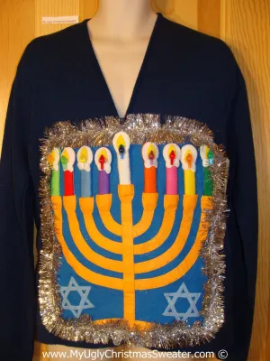 Ugly Christmas Sweater Party Hanukkah Sweater Mens with Menorah (j249)