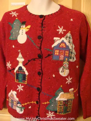 Ugly Christmas Sweater Plaid Trees, Houses, and Snowman