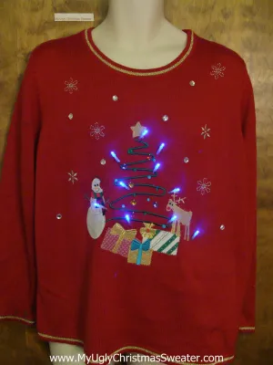 Ugly Red Christmas Sweater with Lights Tree and Gifts