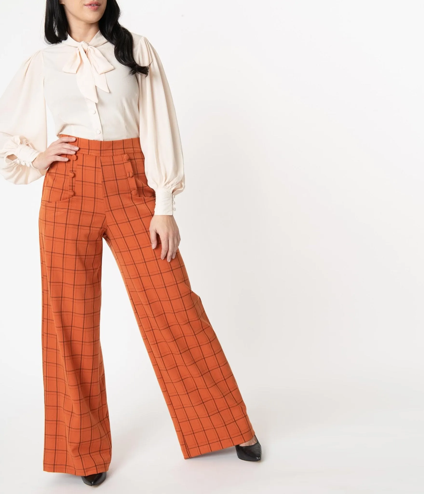 Unique Vintage 1940s Orange Windowpane High Waist Ginger Pants