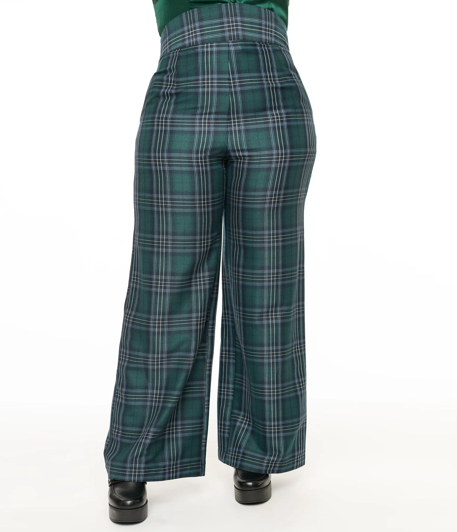 Unique Vintage Plus Size 1940s Green & Black Plaid High Waist Pants