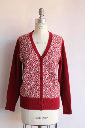 Vintage 1970s Cardigan Sweater in Red and White Paisley