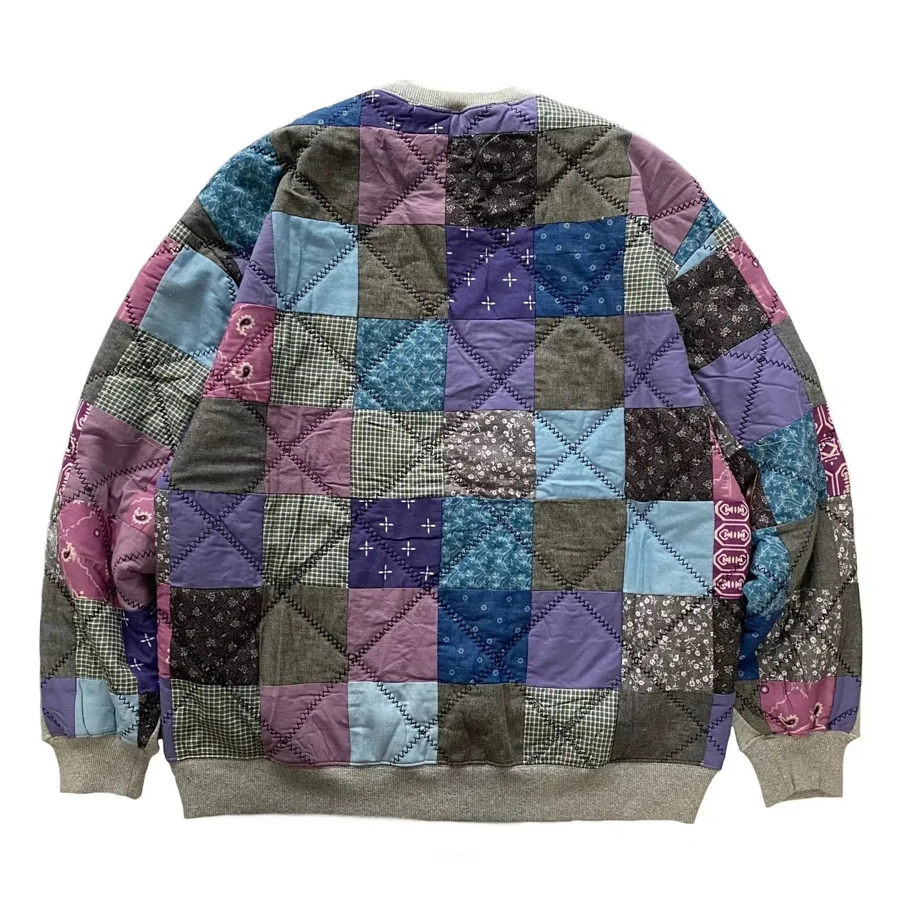 Vintage Back Patchwork Calico Loose Pullover Hoodie with Retro Round Neck